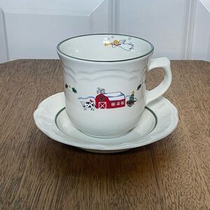 Pfaltzgraff White Mug and Saucer with Red Barn Holiday Design